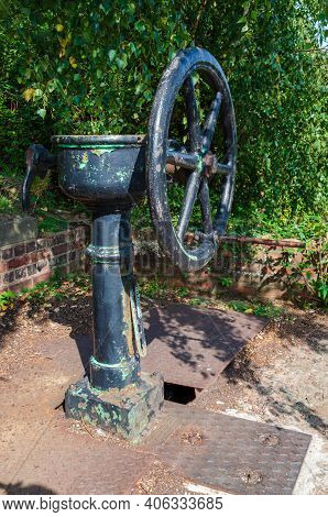 Flint, Flintshire; Uk: Sept 17, 2020: Old Manually Operated Sluice Gate Valves At Flint Dock Remain,