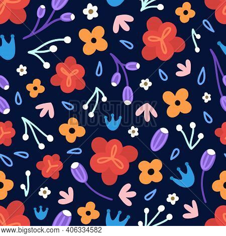 Floral Seamless Pattern. Hand Drawn Beautiful Flowers. Colorful Repeating Background With Blossom. D
