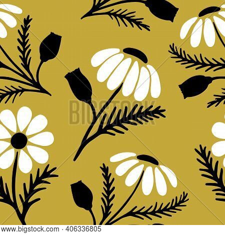 Hand Drawn Daisy Seamless Pattern On Trendy Yellow Background
