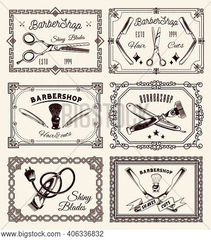 Barbershop Concept. Set Of Vintage Boards In Different Frames. Scissors, Razor Blades, Shaving Brush