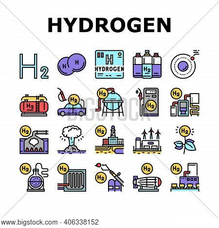 Hydrogen Industry Collection Icons Set Vector. Hydrogen Eco Energy Industrial Plant And Manufacturin