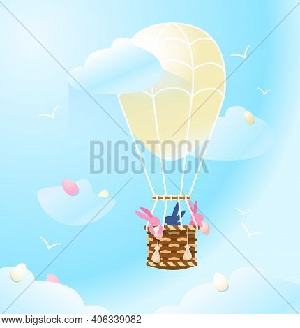 Vector Creative Happy Easter Postcard.  Easter Bunnies Travelling In A Hot Air Balloon Collecting Eg