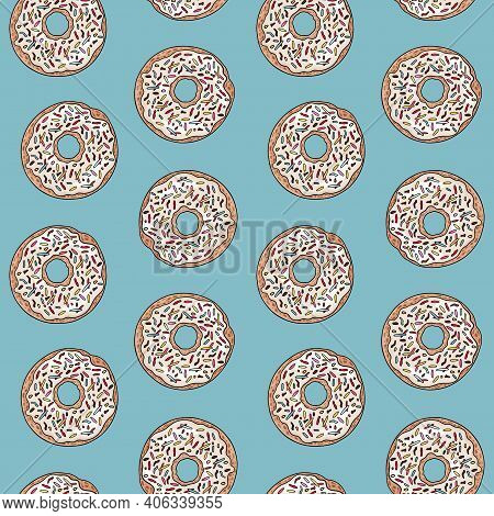 Vector Donuts With Bright Sprinkles Seamless Repeat Pattern. Sweets Pattern For Wrapping Paper Packa