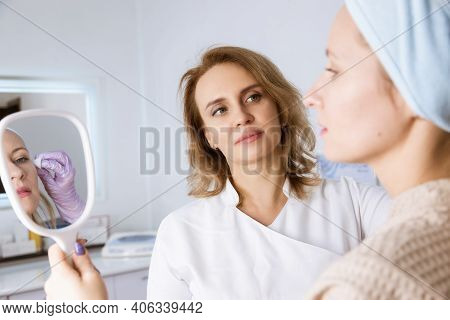 Woman Doing Rejuvenation Procedure, Non-surgical Face Lifting. Lifting Ultrasonic. Facelift