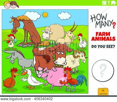 Illustration Of Educational Counting Task For Children With Cartoon Farm Animal Characters Group