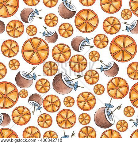 Seamless Watercolor Background Of Orange And Cocktail Slices In Coconut. Summer Design For The Decor