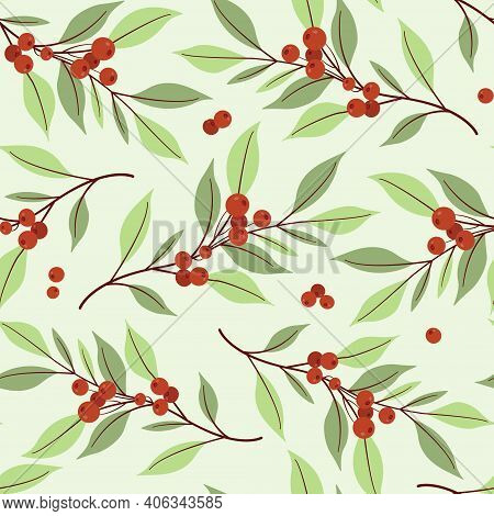 Cranberry Seamless Pattern. Foliate Branches With Red Berries. Berry Design For Wrapping Paper, Pack