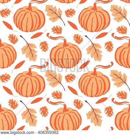 Seamless Vector Fall Pattern With Pumpkin Leaves And Pine Cone. Autumn Repeat Pattern On White Backg