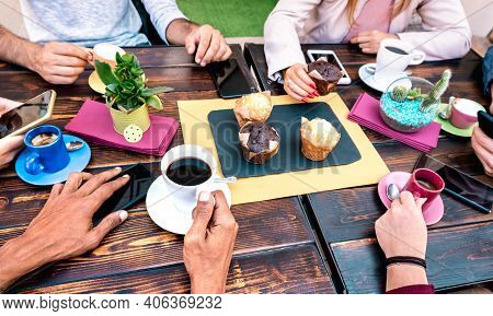 Top Angle View Of People With Phones At Coffee Shop Restaurant - Friends Having Breakfast With Muffi