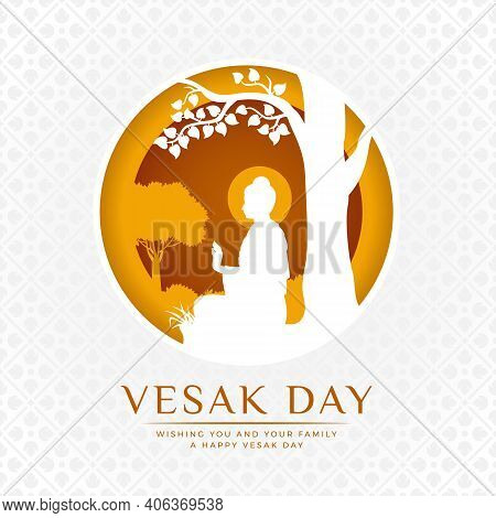 Vesak Day Banner - White And Yellow The Lord Buddha Meditate Under Bodhi Tree In Circle Layer Style 
