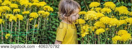 Caucasian Tourist Boy In Tet Holidays. Vietnam Chinese Lunar New Year In Springtime Banner, Long For