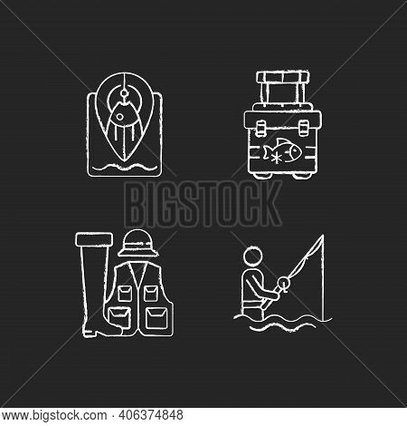 Wade Fishing Chalk White Icons Set On Black Background. Fishing Spot. Portative Cooler. Spinninga Ca