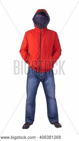 Dark Blue Jeans, Black Leather Shoes,red Jacket With A Hood Isolated On White Background. Casual Sty