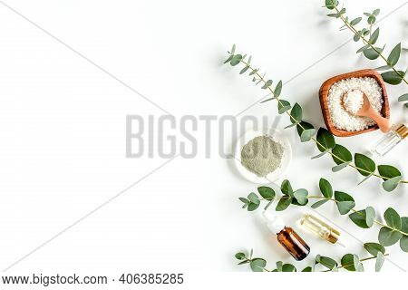 Eucalyptus Essential Oil, Eucalyptus Leaves On White Background. Natural, Organic Cosmetics Products