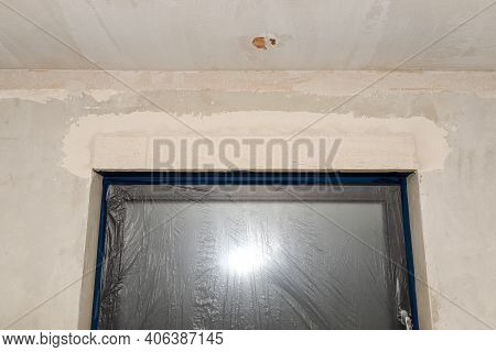Installation For External Roller Shutters Made Of Plasterboard Inside The Building, Windows Are Cove
