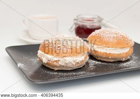 Traditional Finish Sweet Buns With Whipped Cream For Shrove Tuesday. Laskiaispulla.