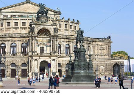 Dresden, Germany - September 23, 2020 : Semperoper, Famous Opera House And Equestrian Statue Of King