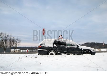 Abandoned Car In The Ditch After The Traffic Accident. The Driver Didn´t Give Way To The Other Car. 
