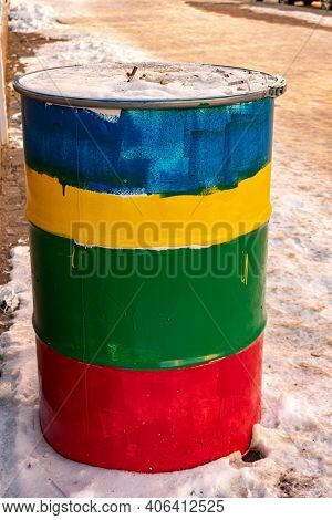 Creative Multi-colored Barrel Ashtray Near The Bar, Rainbow Colored Barrel, Lgbt Colors