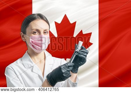 Canada Flag On Concrete Wall. Banner With Fabric Texture Of The Flag Of Canada