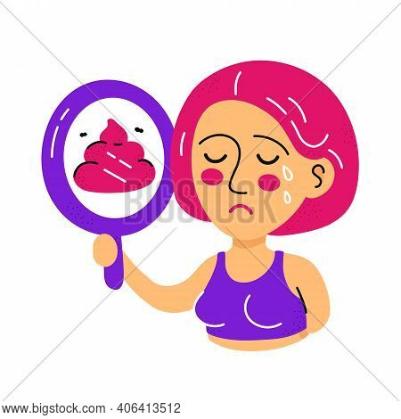 Cute Sad Cry Woman Look At Mirror And See Poop. Vector Flat Cartoon Kawaii Character Hand Drawn Illu