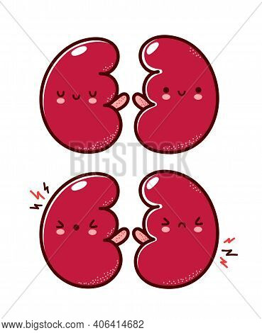 Cute Healthy And Sick Sad Funny Human Kidneys Organ. Vector Flat Line Cartoon Kawaii Character Illus
