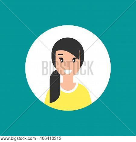 Girl With Smile Avatar. Cute Happy Woman Face Flat Icon In White Circle Isolated On Blue. Person Cha