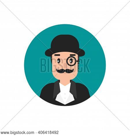 Gentleman Avatar In Blue Circle. Man's Head With Moustache, Lorgnette Glasses And Bowler Hat. Black 