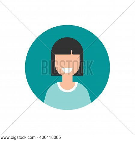 Girl With Smile Avatar. Cute Happy Woman Face Flat Icon In Blue Circle Isolated On White. Person Cha