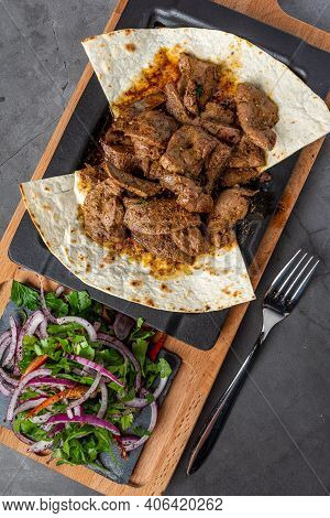 Traditional Turkish Liver Kebab Cuisine. Leaf Liver Spicy. Delicious Turkish Ciger.