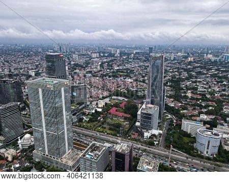 Aerial View Of Bni Life Building In Jakarta And Noise Cloud With Cityscape. Bni Life Is The Best Ins