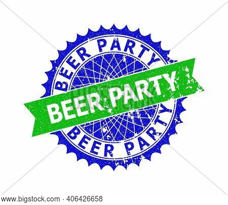 Vector Beer Party Bicolor Stamp With Distress Surface. Blue And Green Colors. Flat Stamp With Beer P
