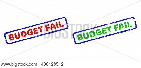 Vector Budget Fail Framed Rubber Imitations With Scratched Texture. Rough Bicolor Rectangle Stamps. 