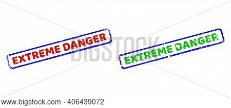 Vector Extreme Danger Framed Watermarks With Corroded Surface. Rough Bicolor Rectangle Watermarks. R