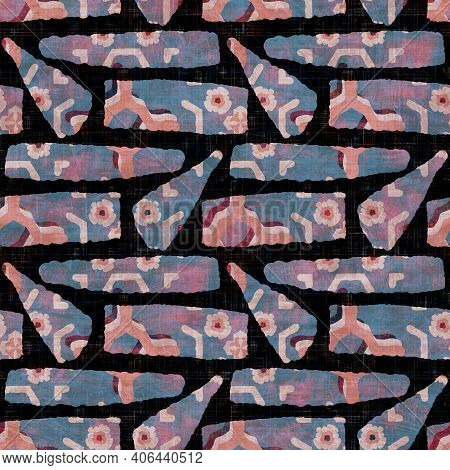 Seamless Dark Geometric Block Print Background. Boho Ethnic Soft Furnishing Fabric Style. Tie Dye Pa