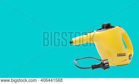 Russia, St. Petersburg, January 2021: German Steam Cleaner Karcher Sc1 Isolated On A Turquoise Backg