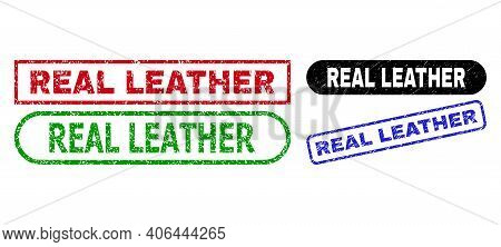 Real Leather Grunge Watermarks. Flat Vector Textured Seals With Real Leather Tag Inside Different Re