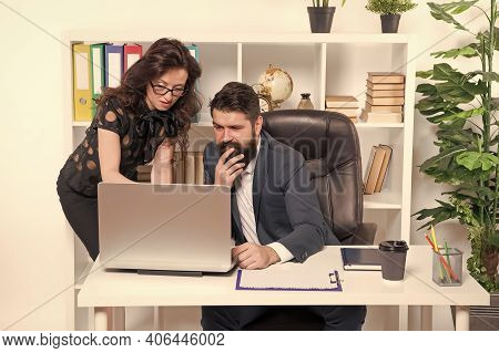 Problem Solving. Business Partners Work On Computer. Communication And It Skills. Workplace Communic