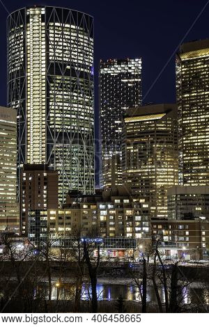 Calgary Alberta Canada, January 30 2021: A Long Exposure Photograph At Night Of Downtown Landmarks I