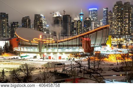 Calgary Alberta Canada, January 30 2021: A Long Exposure Photograph At Night Of Downtown Landmarks I