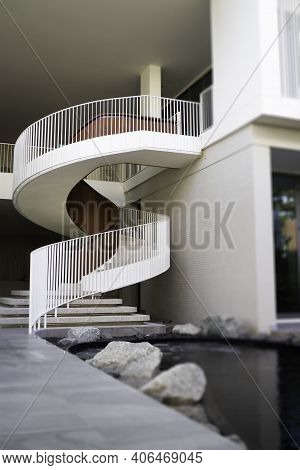 White Curve Stair Office Building, Stock Photo