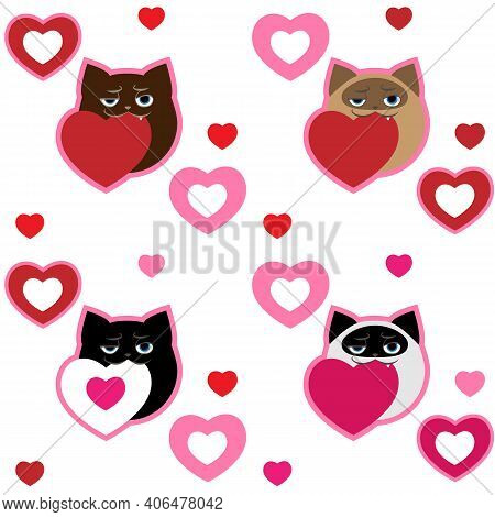 Romantic Vector Seamless Pattern With Funny Cartoons Cats And Pink Red Hearts On White Background.