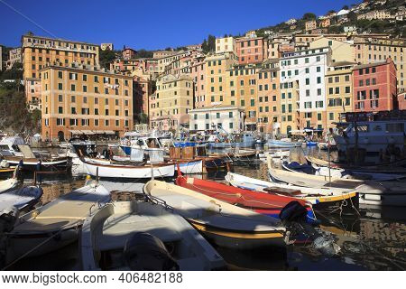 Camogli (ge), Italy - June 01, 2017: Camogli's Harbour In The Fishing Village Of Camogli, Gulf Of Pa