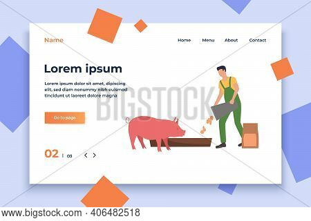 Farmer Feeding Pig. Farm Worker Foddering, Ranching Cattle. Farming Concept. Illustration Can Be Use