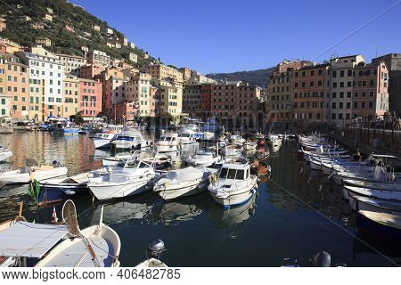 Camogli (ge), Italy - June 01, 2017: Camogli\'s Harbour In The Fishing Village Of Camogli, Gulf Of P