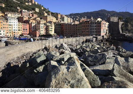 Camogli (ge), Italy - June 01, 2017: Camogli\'s Harbour In The Fishing Village Of Camogli, Gulf Of P