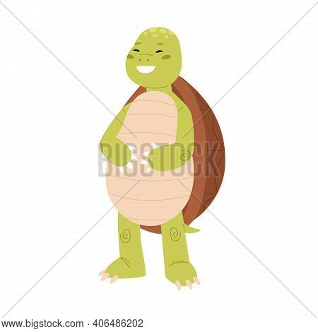 Cute And Happy Green Turtle Laughing And Holding Stomach. Funny Tortoise Character Standing On Back 