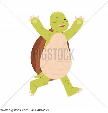 Cute And Happy Green Turtle Running With Paws Raised Up. Funny Tortoise Character Winning Race. Joyf