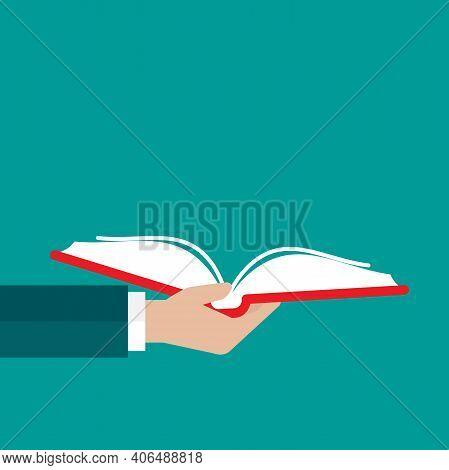 Businessman Hands Hold Red Open Book Isolated On Blue. Flat Reading Icon. Vector Illustration. Educa