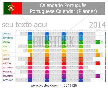 Calendario planificador de 2014 en Portugués con meses horizontales